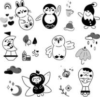 Zeichen und Elemente doodle set2. 12 niedliche Elemente und 7 niedliche Charaktere. weiße und schwarze vektorillustration der karikatur.