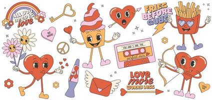 trendiges Comic-Groovy-Valentinstag-Sticker-Set. Retro-Valentinstag. Ästhetik der 70er 60er. Vintage-Vektor. vektor