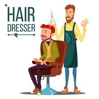 Friseur und Mannvektor. Barbier. Schere. Stylist Friseur. Friseursalon. Haarspange. isolierte flache karikaturillustration vektor