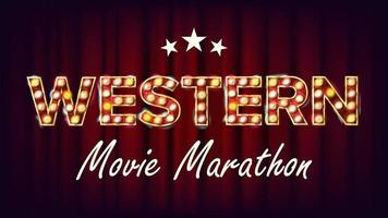 Western-Film-Marathon-Zeichenvektor. theater kino golden beleuchtetes neonlicht. für festliche Gestaltung. klassische Abbildung vektor