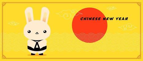 chinesisches neues jahr des horizontalen banners des kaninchens. grußkarte von china traditionelles jährliches tierkreissymbol hase auf gelb. asiatische trendige abstrakte designplakatvorlage zum orientalischen kalender 2023. vektor