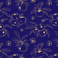 sömlös mönster av kontur gyllene äpplen på en kobolt bakgrund. blå bakgrund vektor