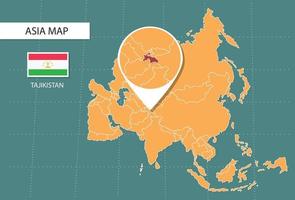 Tadschikistan-Karte in Asien-Zoom-Version, Symbole mit Tadschikistan-Standort und Flaggen. vektor