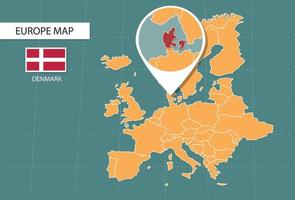 dänemark-karte in der europa-zoom-version, symbole, die den standort und die flaggen von dänemark anzeigen. vektor