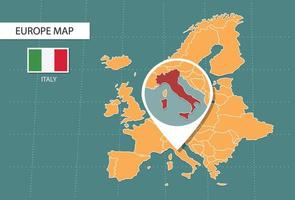 italien-karte in der europa-zoom-version, symbole, die italien-lage und -flaggen zeigen.