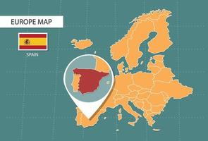 spanien-karte in der europa-zoomversion, symbole, die spaniens standort und flaggen zeigen. vektor