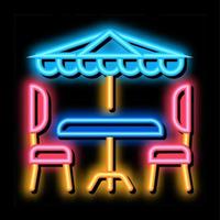 Kafé tabell stolar och paraply neon glöd ikon illustration vektor