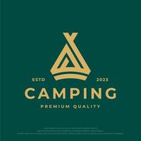 camping tält logotyp design begrepp. utomhus- läger äventyr symbol ikon design mall vektor