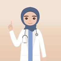 främre se hijab läkare karaktär. läkare karaktär skapande ansikte känslor, utgör och gest. tecknad serie stil, platt vektor illustration.female hijab läkare finger pekande upp, innehav urklipp.