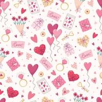 Vektornahtloses Muster mit Herzen, Blumensträußen, Luftballons, Geschenken und Ehering. schöner romantischer hintergrund für valentinstag, muttertag, hochzeit. geeignet für Geschenkpapier, Postkarten. vektor