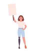 junge Frau mit Beinprothese, die ein sauberes, leeres Banner oder Plakat hält. Aktivismus, soziale Bewegung. Demokratie, Kundgebung und Protest. Person mit körperlicher Behinderung vektor