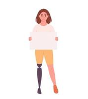 junge Frau mit Beinprothese, die ein sauberes, leeres Banner oder Plakat hält. Aktivismus, soziale Bewegung. Demokratie, Kundgebung und Protest. Person mit körperlicher Behinderung vektor