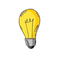 ljus Glödlampa. skiss dragen elektrisk enhet. tecknad serie klotter belysning begrepp och aning. lösning och kreativ vektor