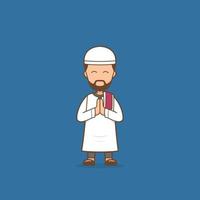 religiöser muslimischer mann zeichentrickfigur illustration in entschuldigung und entschuldigung posieren für ramadan eid mubarak gruß vektor