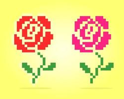 8 bitars pixlar av ros. blommor för tillgångsspel och korsstygnsmönster i vektorillustrationer. vektor