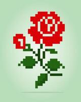 8-Bit-Pixel von Rose. Blumen für Asset-Spiele und Kreuzstichmuster in Vektorgrafiken. vektor