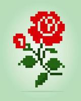 8 bitars pixlar av ros. blommor för tillgångsspel och korsstygnsmönster i vektorillustrationer. vektor