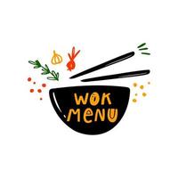 wok meny. traditionell kinesisk och thai kök. hand dragen vektor illustration för meny, Kafé, restaurang, bar, affisch, baner