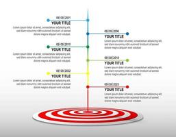 Farblinie trifft auf rot-weiße Dartscheibe mit Infografik. Zielzeitachse. Datendiagramm zum Geschäftserfolg, Investitionsziel, Marketingherausforderung, Strategiepräsentation, Leistungsdiagramm. Vorlage. vektor