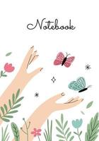 botanisk skriva ut med händer och fjärilar. vektor illustration i en platt ritad för hand stil perfekt för anteckningsbok omslag, bok eller vykort