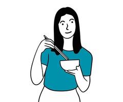 frau mit handgezeichneter illustration der japanischen essensschüssel vektor