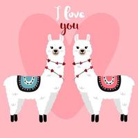 söt lamadjur på rosa bakgrund med hjärtan i tecknad serie platt stil. alpacas i kärlek vektor illustration för grafik, textil, hälsning kort, posters etc. vektor illustration