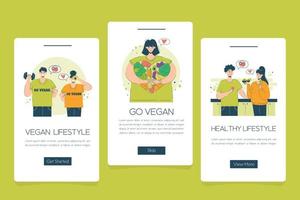 webb app mall. begrepp vegetarian diet Lycklig människor vegetarianer uppmuntrar andra till välja vegetarianism vektor