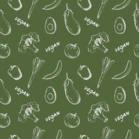 sömlös upprepa mönster med grönsaker, frukt och de ord vegan på en grön bakgrund. hand dragen grönsaker, frukt och inskriptioner i en mönster för textilier, omslag papper och förpackning design vektor