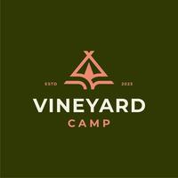 läger tält logotyp. utomhus- camping vingård landskap logotyp design vektor