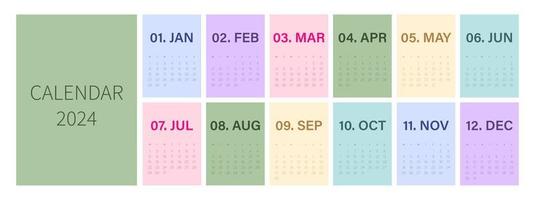 kalender mall för 2024. enkel design med pastell färger. redigerbar illustration sida mall a4, a3, uppsättning av 12 månader med omslag. vektor maska. vecka börjar på måndag.