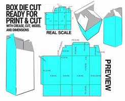 box-cut-kubmall med 3D-förhandsvisning organiserad med cut, veck, modell och dimensioner redo att klippa och skriva ut, i full skala och fullt fungerande. förberedd för riktig kartong vektor