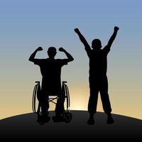 en Inaktiverad man i en rullstol, med en vän, glädjas på de gryning, Uppfostrad deras händer. vektor illustration