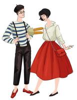 man och kvinna bär franska kläder plagg vektor