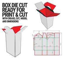 Box gestanzte Würfelschablone mit 3D-Vorschau, organisiert mit Schnitt, Falte, Modell und Abmessungen, bereit zum Schneiden und Drucken, in vollem Maßstab und voll funktionsfähig. vorbereitet für echten Karton vektor