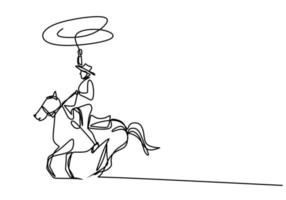 ein durchgehender junger Mann der Zeichenlinie mit einem Cowboyhut, der ein Pferd reitet. ältere Männer stellen Eleganz auf dem minimalistischen Konzept des Pferdes dar, das auf weißem Hintergrund lokalisiert wird. modernes Handzeichnungsdesign