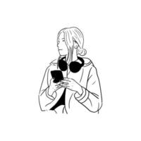 Illustration einer Frau, die ein Smartphone spielt, während sie Musik hört vektor