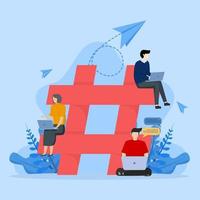 seo-hashtag-vektorillustrationskonzept, das zeigt, wie hashtag-schlüsselwörter für gutes seo geplant wurden, personengruppe mit hashtag-symbol, social-media-marketing-konzept. vektor