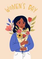 8 Mars, internationell kvinnors dag. hälsning kort eller vykort mallar med ung kvinna för kort, affisch, flygblad. flicka kraft, feminism, systerskap begrepp. vektor