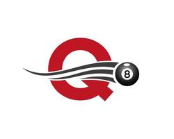 Buchstabe q Billard oder Pool-Spiel-Logo-Design für Billardraum oder 8-Ball-Pool-Club-Symbol-Vektorvorlage vektor