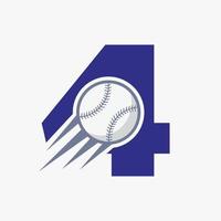 Anfangsbuchstabe 4 Baseball-Logo-Konzept mit beweglicher Baseball-Icon-Vektorvorlage vektor