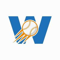 Anfangsbuchstabe w Baseball-Logo-Konzept mit beweglicher Baseball-Icon-Vektorvorlage vektor