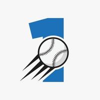 Anfangsbuchstabe 1 Baseball-Logo-Konzept mit beweglicher Baseball-Icon-Vektorvorlage vektor