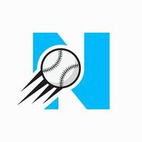 anfangsbuchstabe n baseball-logo-konzept mit beweglicher baseball-symbol-vektorvorlage vektor