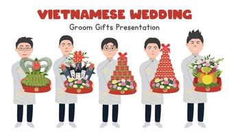 vietnamesische hochzeit bräutigam geschenke präsentation clipart. vietnamesische jungen, die verlobungsgeschenkschalen halten, vektorillustration. Konzept der traditionellen vietnamesischen Hochzeitszeremonie. chinesischer text doppeltes glück vektor