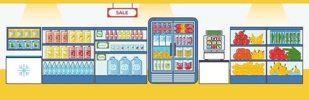 mataffär med Produkter. hyllor och kylskåp med mat grejer. vektor illustration