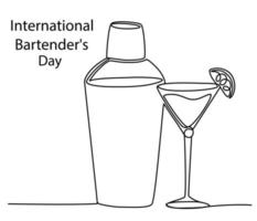 internationell bartendern dag. 6 februari. cocktail glasögon och shaker linje konst. mall för bakgrund, baner, kort, affisch med text inskrift. vektor kontinuerlig linje illustration