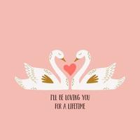 Schwan-Liebeskarte zum Valentinstag. Schwanenpaar süße Cartoon-Vektor-Illustration. weiße verliebte vögel, die die form des herzens isoliert auf rosa hintergrund machen. romantisches Poster mit schönem Gruß. vektor