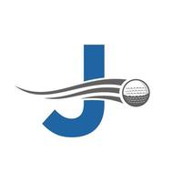 Buchstabe j Golf-Logo-Konzept mit beweglichem Golfball-Symbol. Hockey-Sport-Logo-Symbol-Vektorvorlage vektor