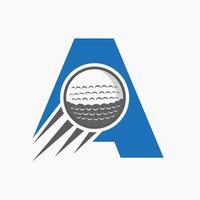 Schreiben Sie ein Golf-Logo-Konzept mit beweglichem Golfball-Symbol. Hockey-Sport-Logo-Symbol-Vektorvorlage vektor