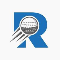 Buchstabe r Golf-Logo-Konzept mit beweglichem Golfball-Symbol. Hockey-Sport-Logo-Symbol-Vektorvorlage vektor